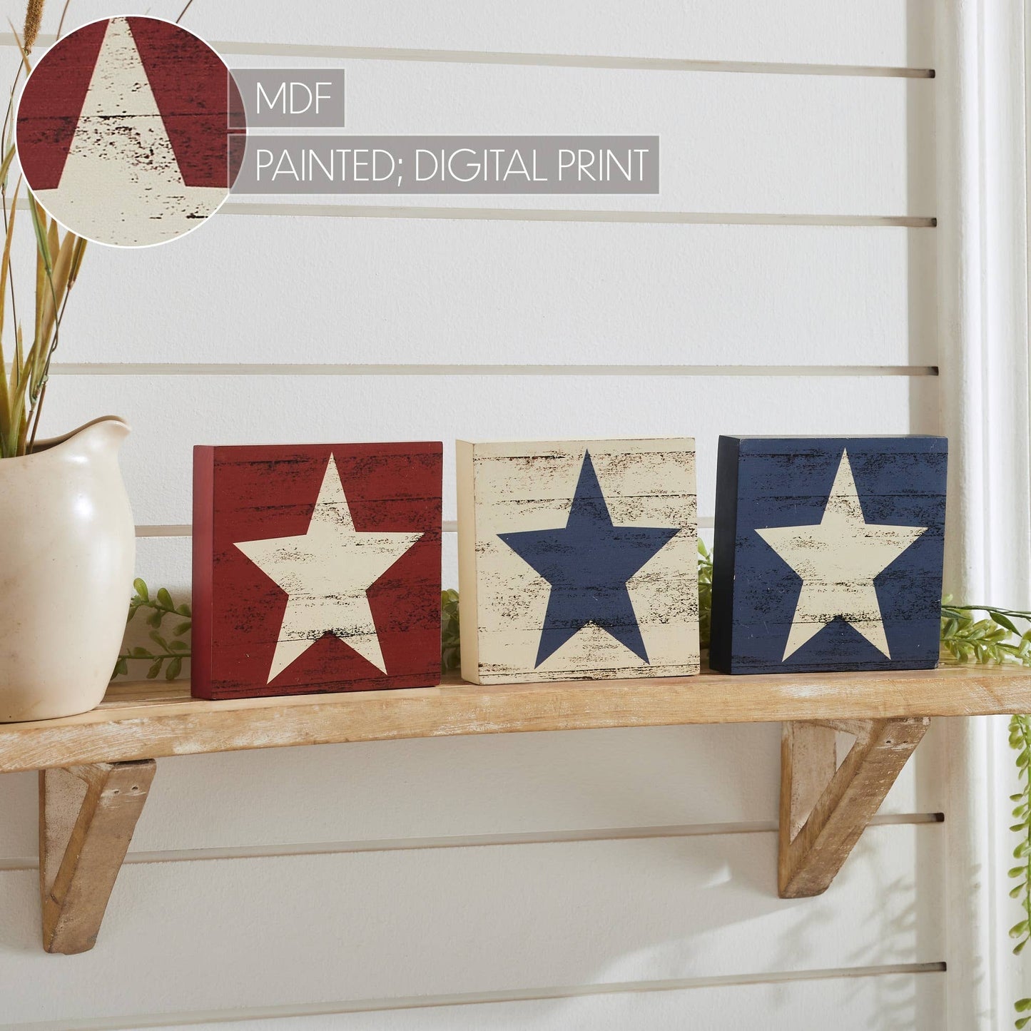 RWB Star MDF Block Signs Set of 3 5x5x1 .