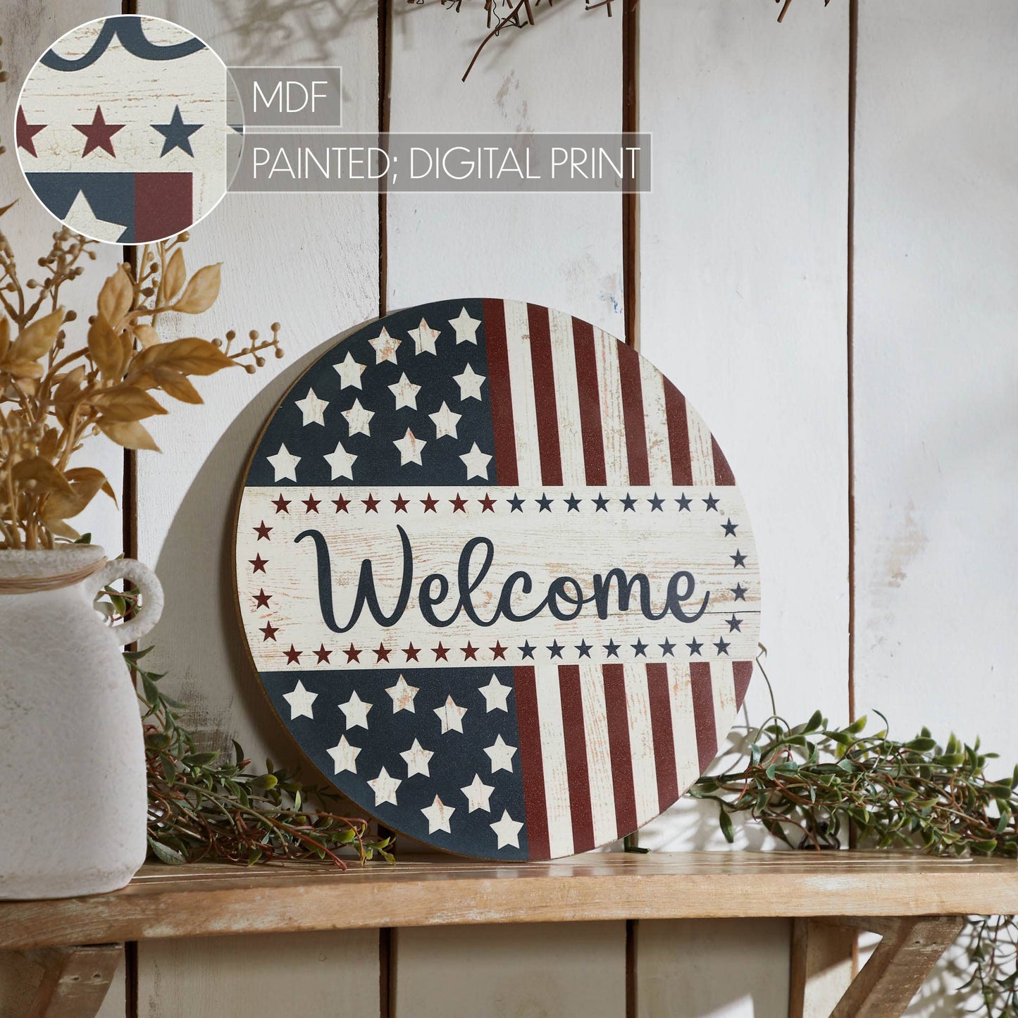 Welcome Stars & Stripes Round Wall Hanging 11 Inch Diameter