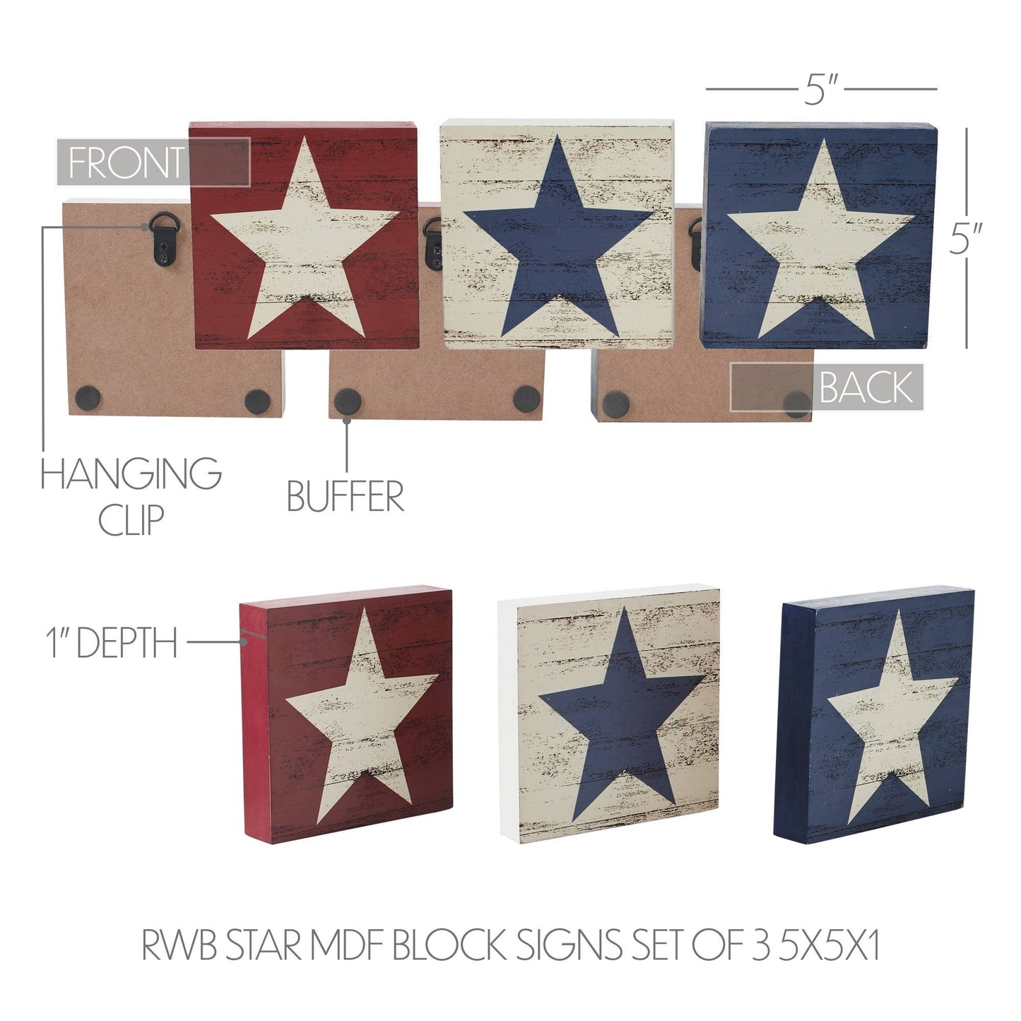 RWB Star MDF Block Signs Set of 3 5x5x1 .