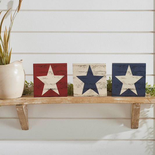 RWB Star MDF Block Signs Set of 3 5x5x1 .